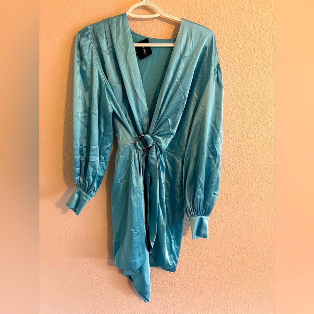 Retrofete Turquoise Satin Wrap Mini Dress - Picture 3 of 6